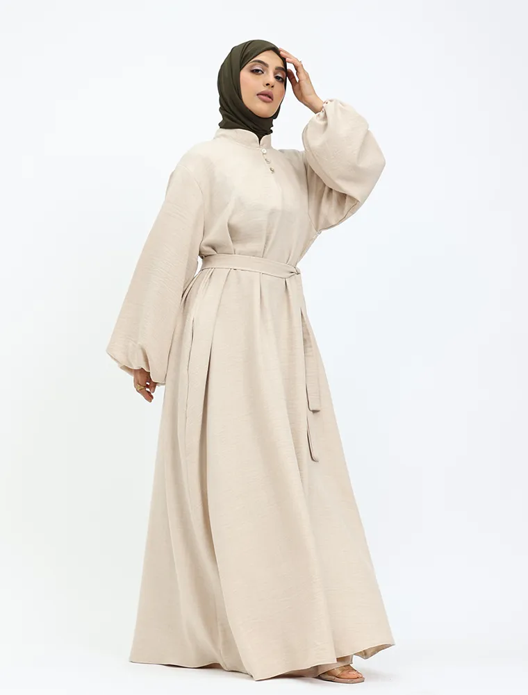 Beige Linen Feel Nehru Collar Maxi